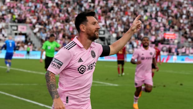 Inter Miami CF forward Lionel Messi celebrates after scoring a goal.